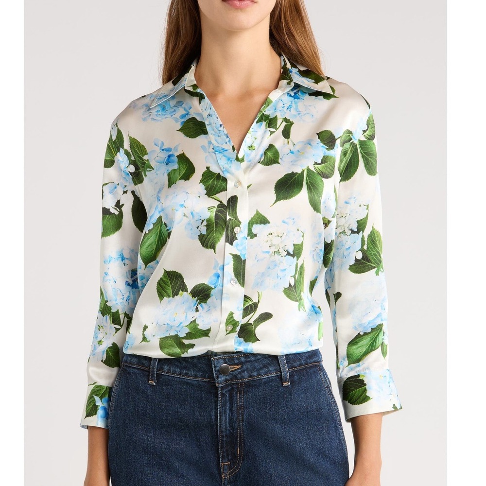 L'AGENCE Dani Silk Floral Hydrangea Print Blouse White Blue Button Up Shirt S